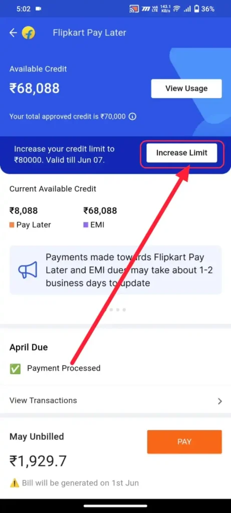 Increase Flipkart Pay Later Limit