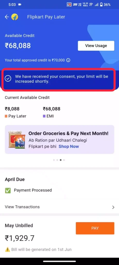 Increase Flipkart Pay Later Limit to 80000